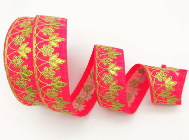Radical Red Art Silk Fabric Trim, Gold Floral Embroidery Gota Patti Indian Sari Border Trim By Yard Decorative Trim Craft Lace